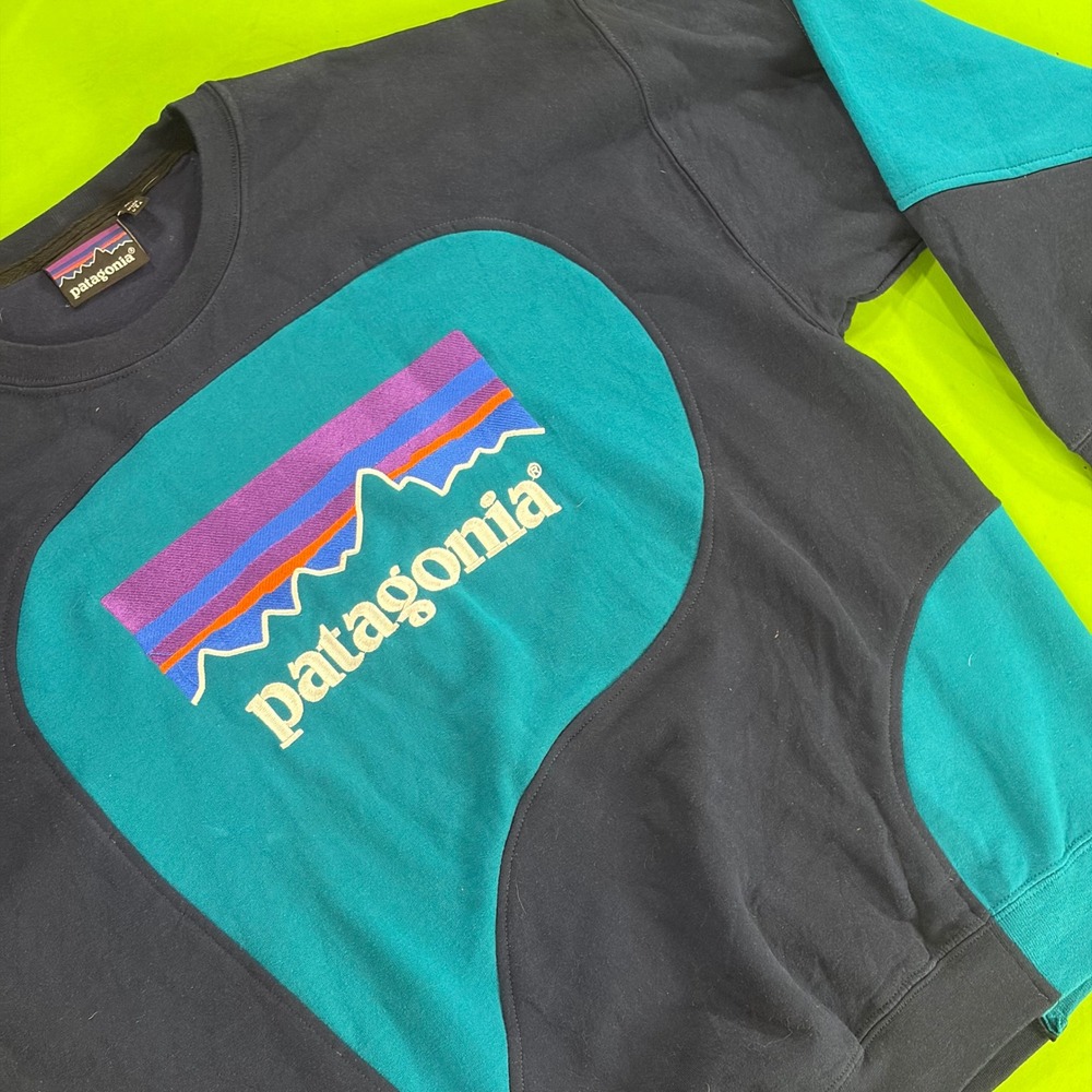 Upcycled Patagonia Logo Sweatshirt Mens XL Navy/Teal Color Block Patch Work EUC